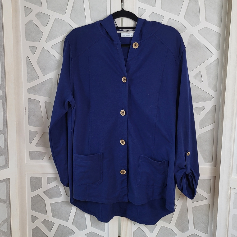 Susan Graver Button-Front Hooded Jacket in Deep Blue